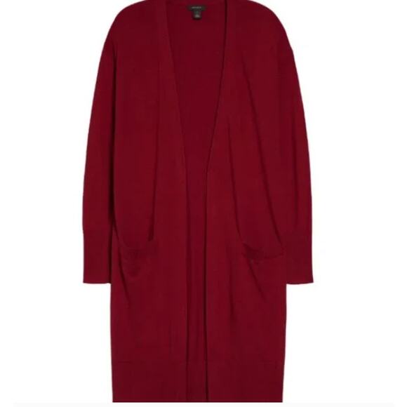 HALOGEN Open Front Pocket Cardigan Red Pomegranate Size medium Full length NEW - Picture 2 of 3